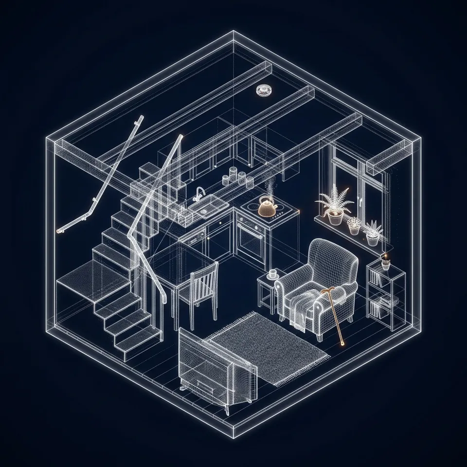 Digital mesh rendering of a small home with an armchair, kitchen, staircase and ceiling smoke alarm