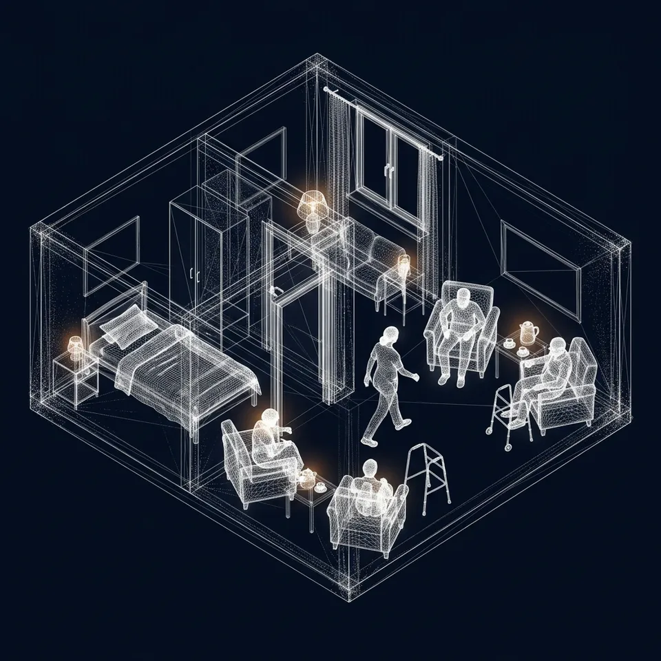 Digital mesh rendering of a care home lounge with residents in armchairs, a walking frame, a carer and an adjoining bedroom