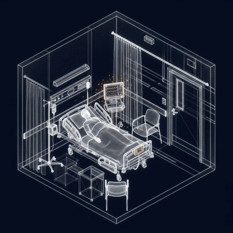 Digital mesh rendering of a hospital room with a patient in bed, an IV stand and a bedside monitor